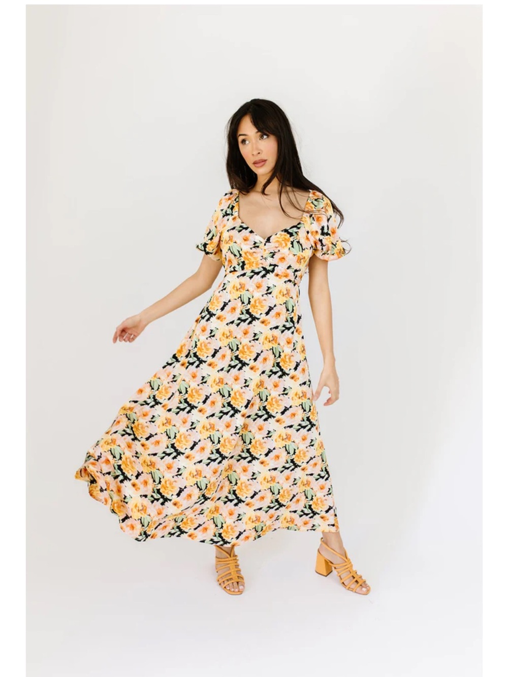 FIONA FLORAL MIDI DRESS Yellow Puff-Sleeve